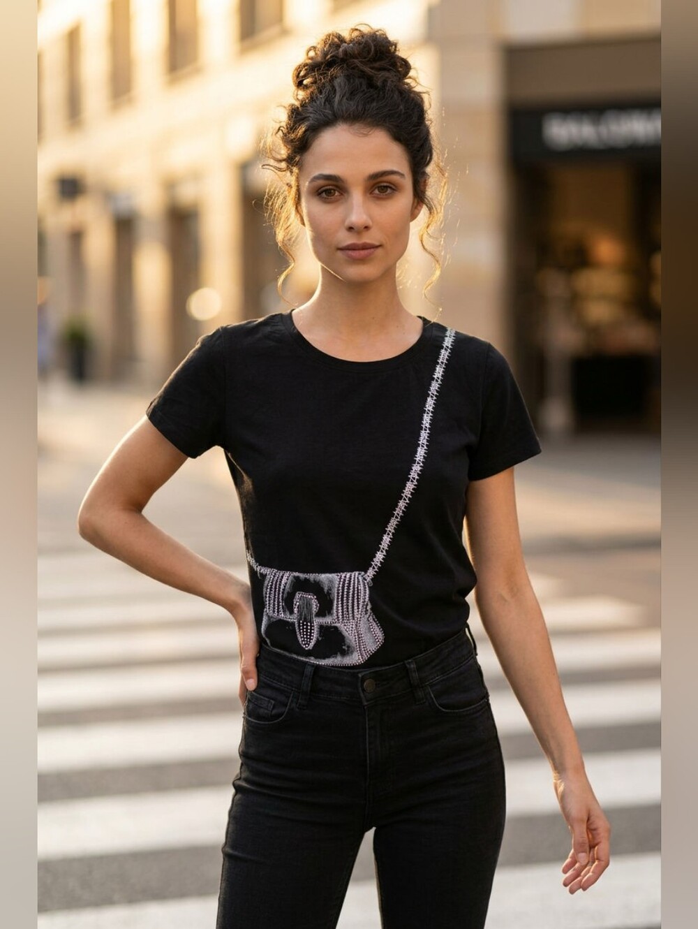 NWT-SISTER Fashion Black Graphic Tee with Chain & Bag Print W/rhinestones